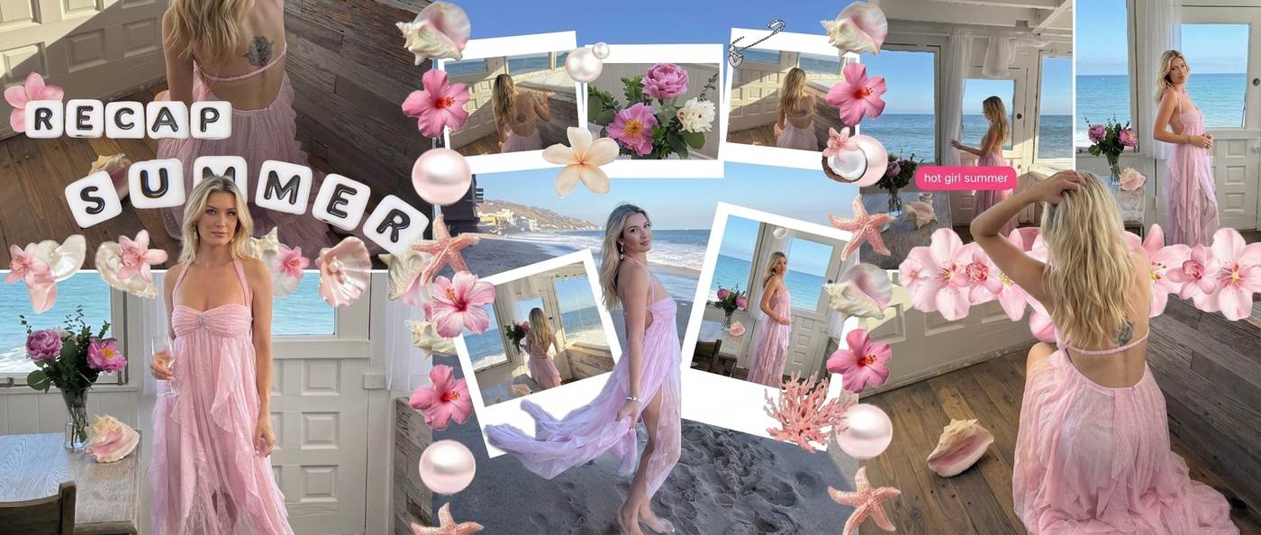 Pink aesthetic photo dump made in PSTR: beach photos, shells and pearls flowing across three slides