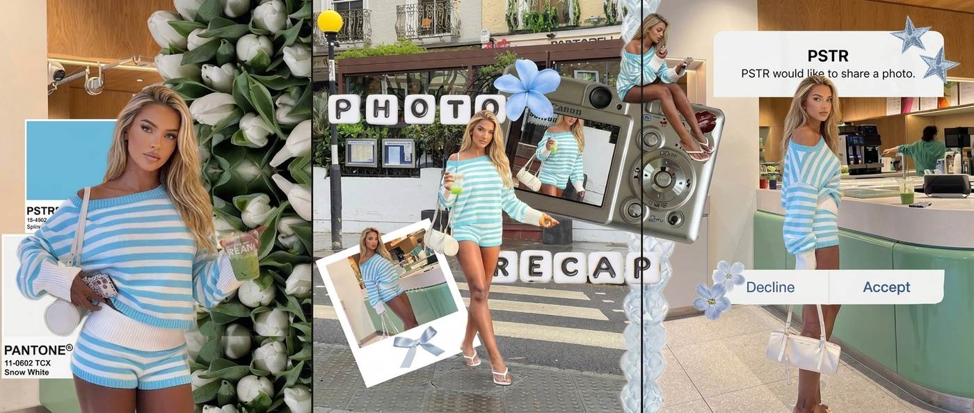 Photo recap carousel made in PSTR: striped blue outfit, digicam frame and a PSTR share dialog across three slides