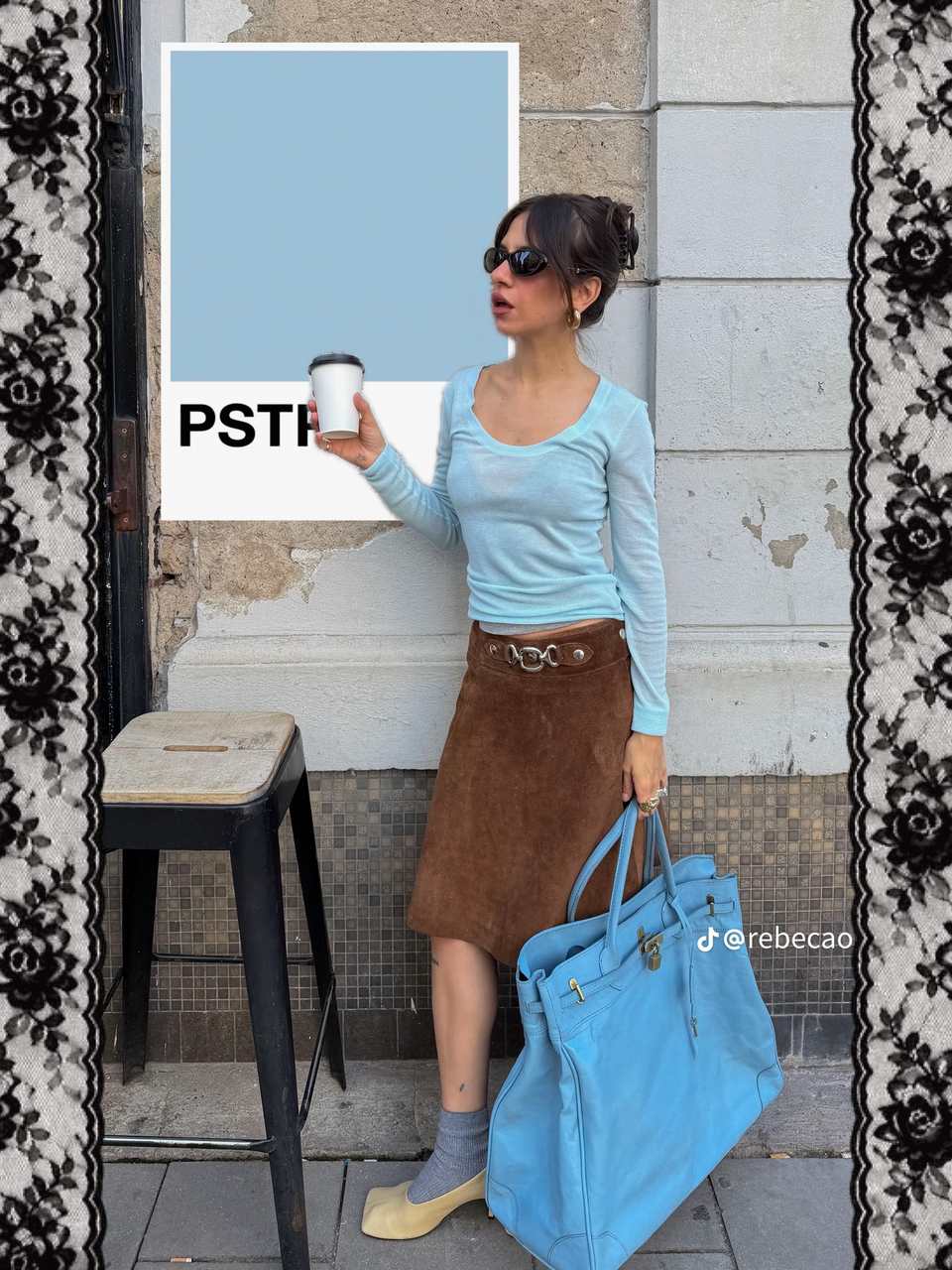 Carousel slide made in PSTR: a blue outfit with a matching blue color card and a lace border
