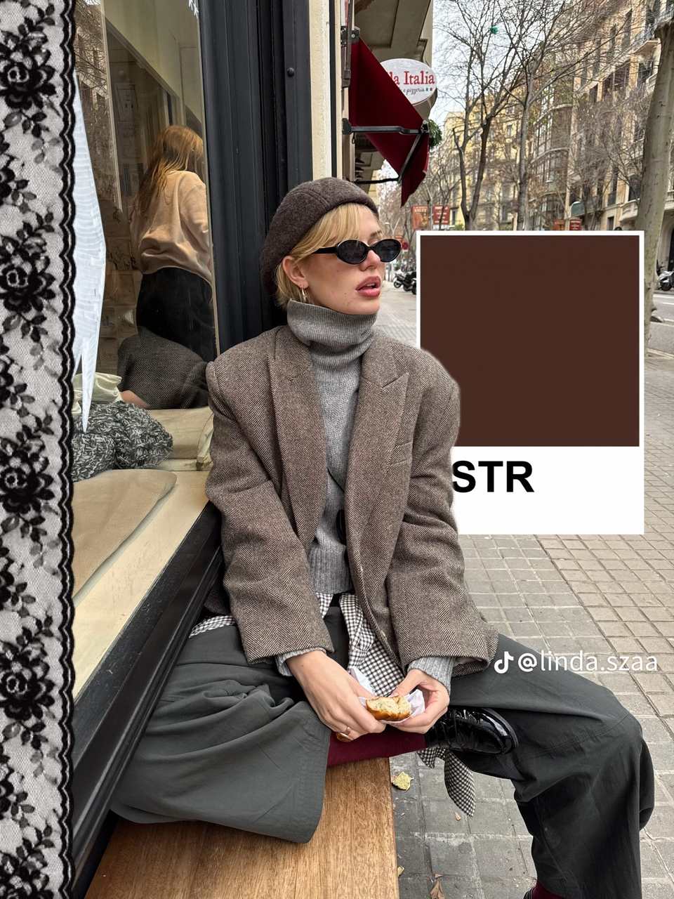 Carousel slide made in PSTR: a brown wool outfit with a matching brown color card and a lace border