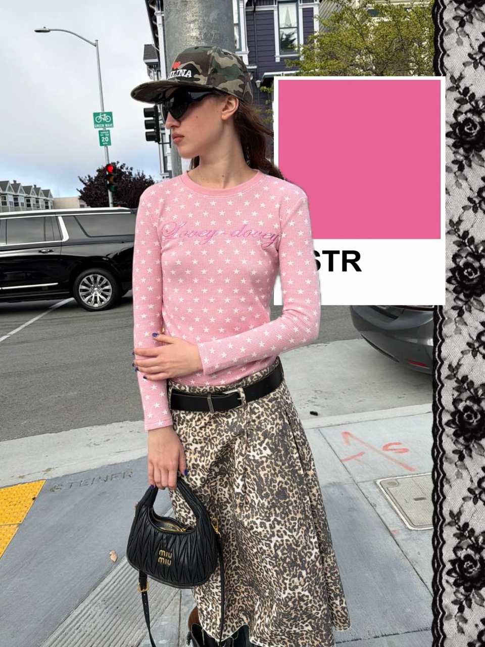 Carousel slide made in PSTR: a street outfit with a pink color swatch card and a lace border