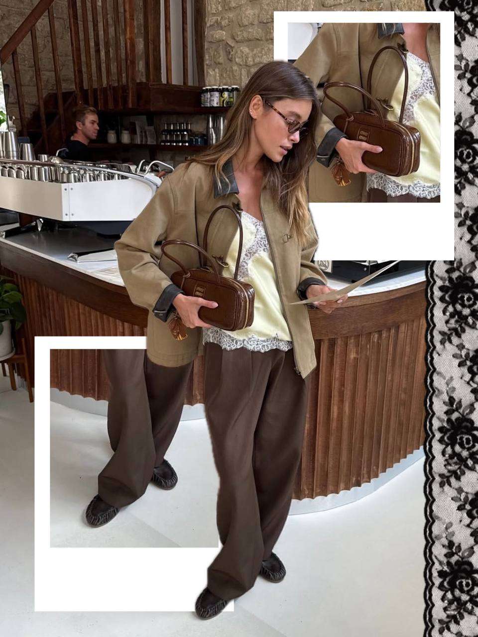 Carousel slide made in PSTR: a cafe outfit photo with a layered close-up frame and a lace border