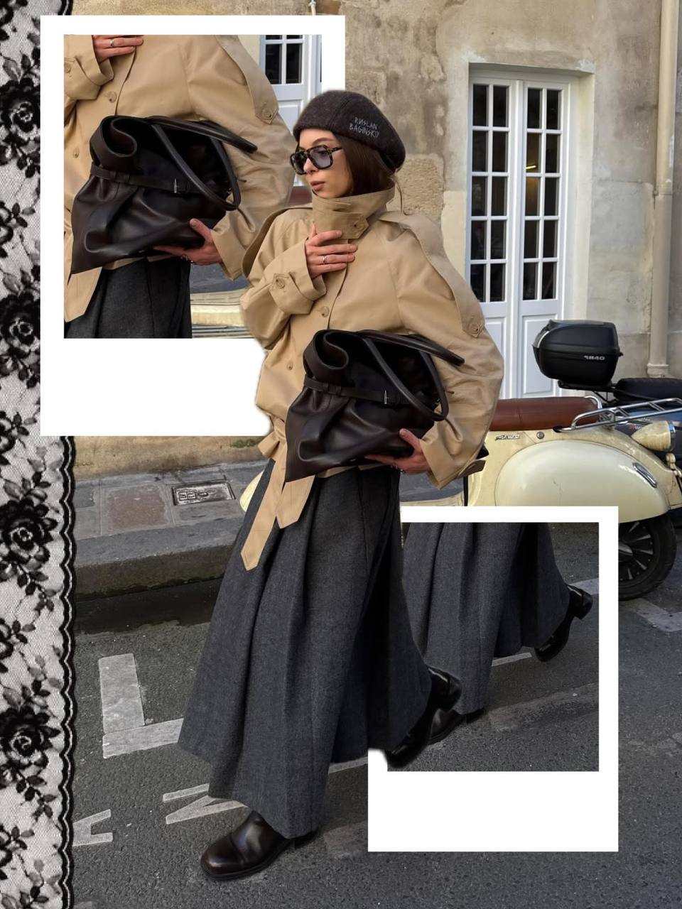 Neutral-toned photo dump slide made in PSTR: layered frames with a beige trench coat outfit and close-up details