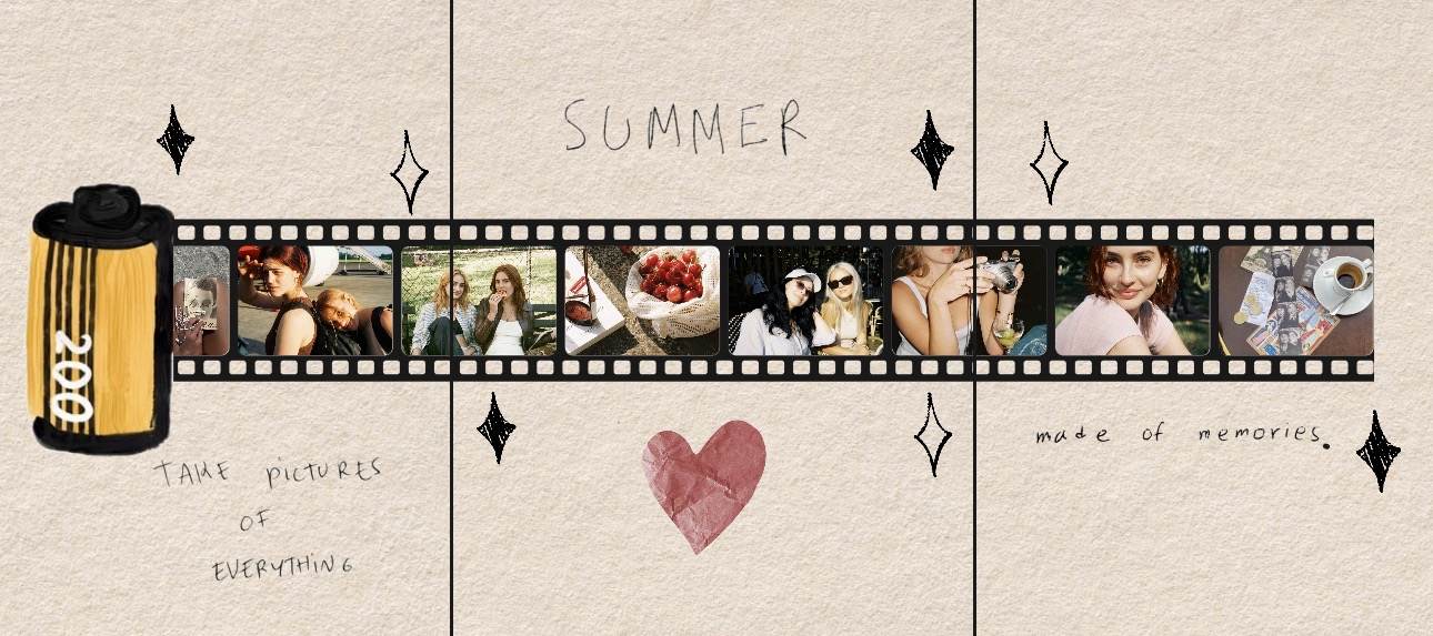 Film-style photo dump made in PSTR: a summer contact sheet on a film strip with handwritten notes