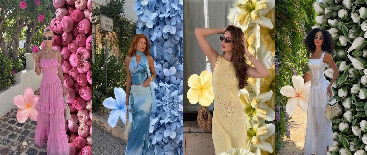 Four floral photo dump slides made in PSTR: pink, blue, yellow and white outfits against matching flower walls