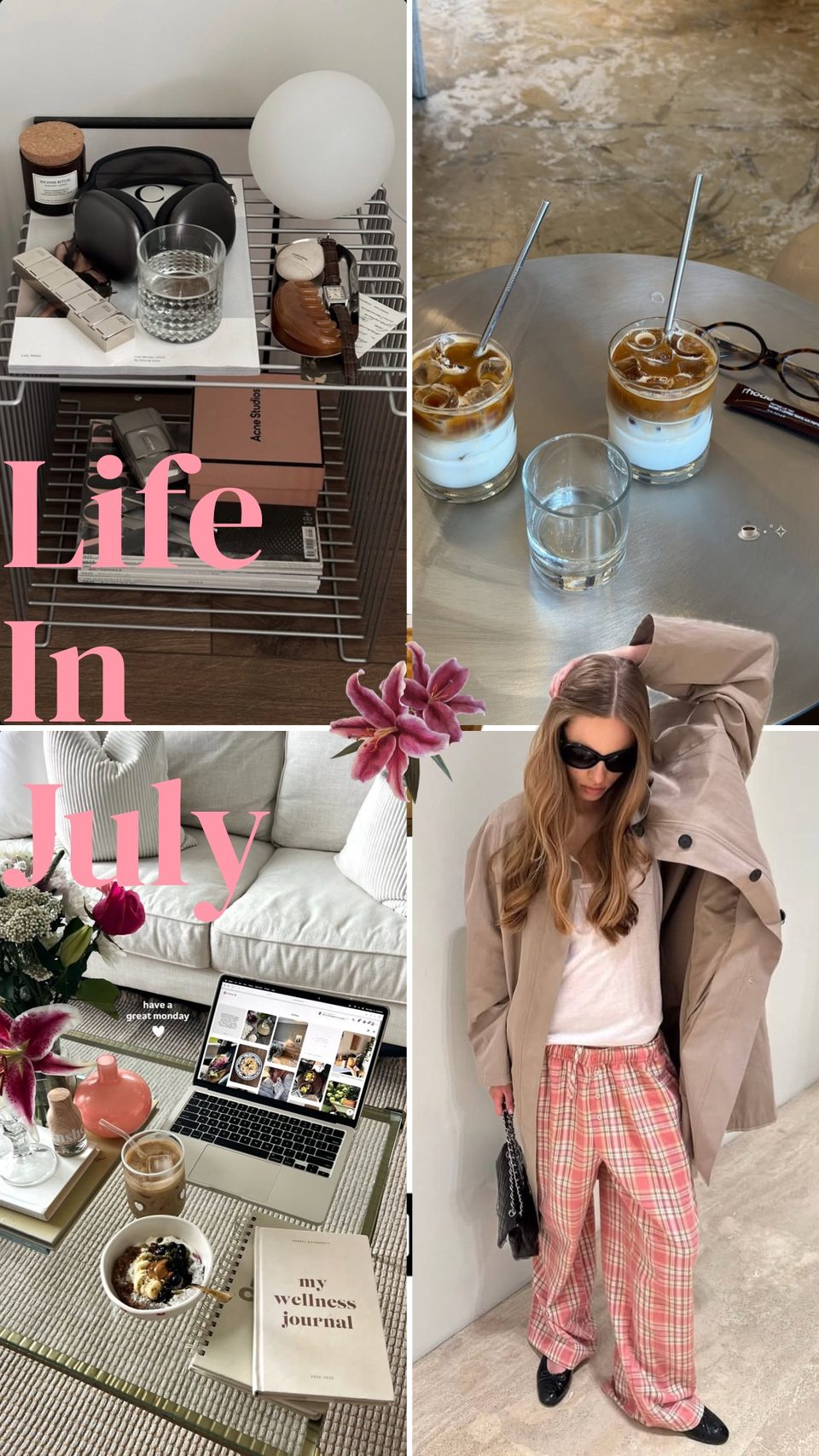 July monthly recap collage made in PSTR: pink plaid trousers outfit, a coffee tray, a laptop and a wellness journal, titled Life in July