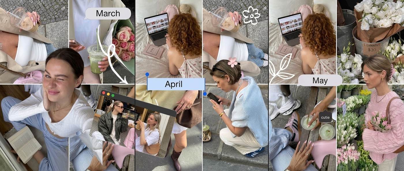 Spring months photo dump carousel made in PSTR: March, April and May labelled slides with coffee, flowers and laptops