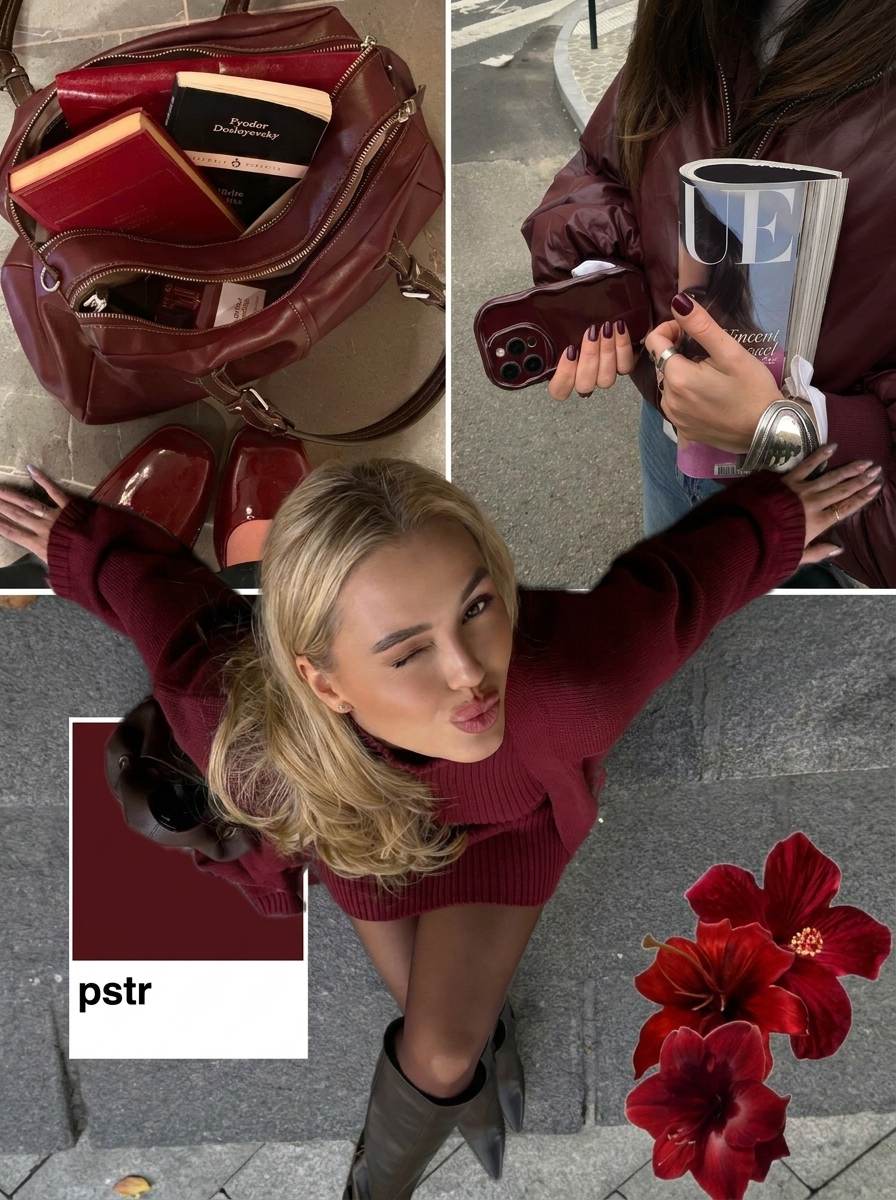 One-color carousel slide made in PSTR: a burgundy outfit collage with a matching PSTR color card