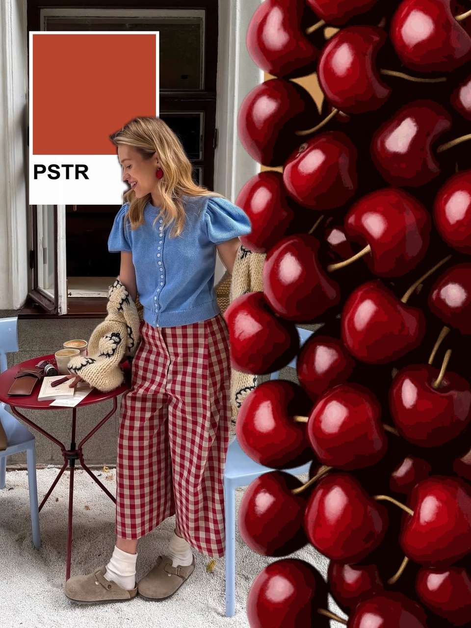 Template-style slide made in PSTR: an outfit photo next to a wall of cherries with an orange color card