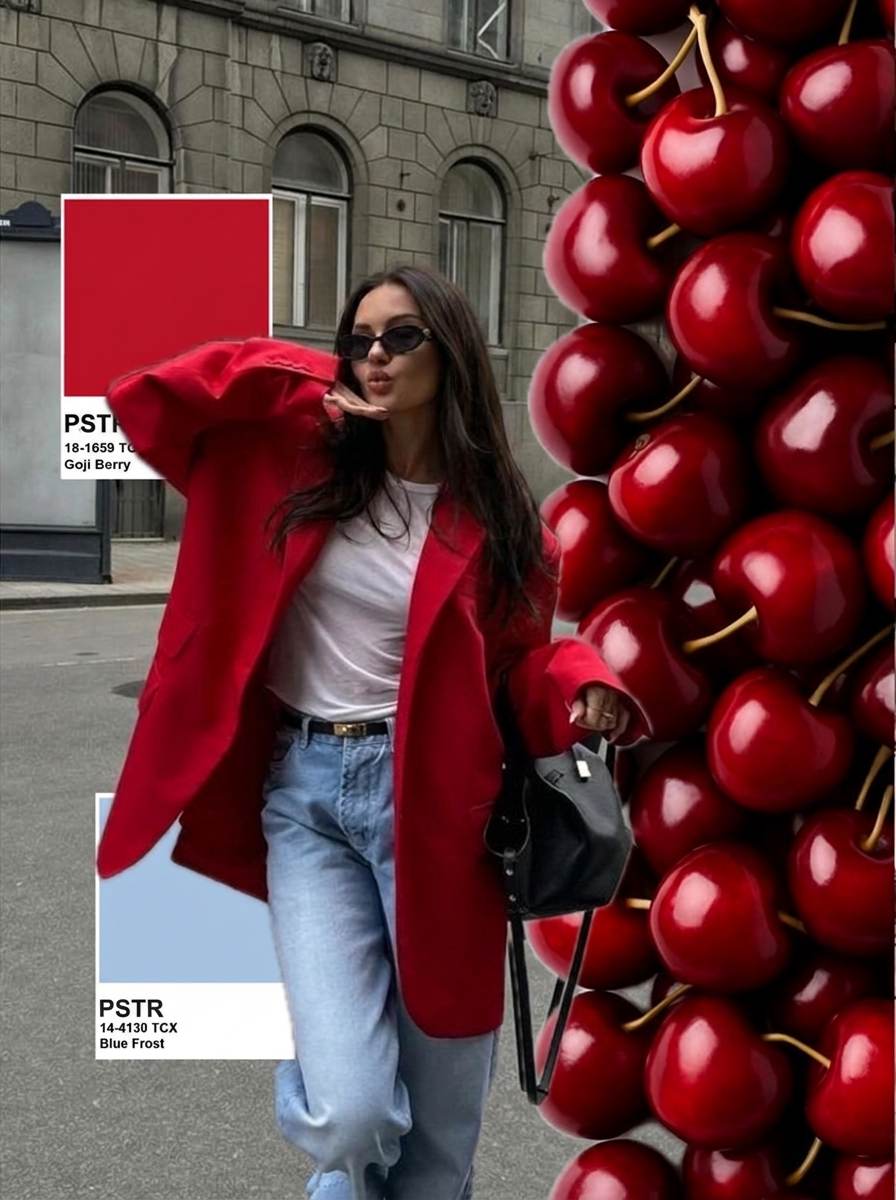 One-color carousel slide made in PSTR: a red outfit collage with a matching PSTR color card