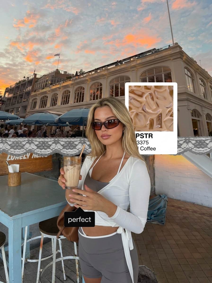 One-color carousel slide made in PSTR: a coffee outfit collage with a matching PSTR color card