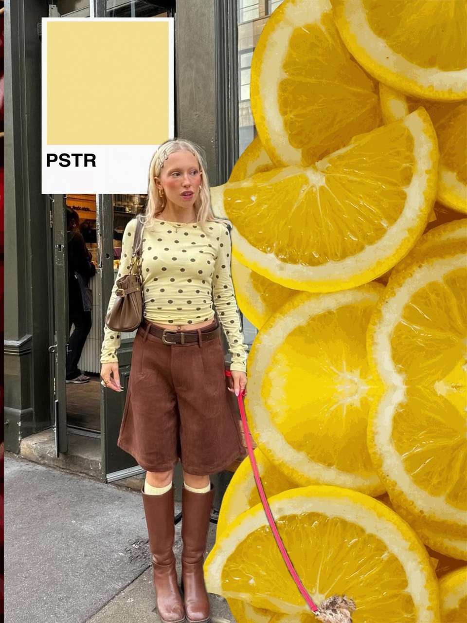 Photo dump slide made in PSTR: a yellow outfit beside a wall of lemon slices with a matching color card