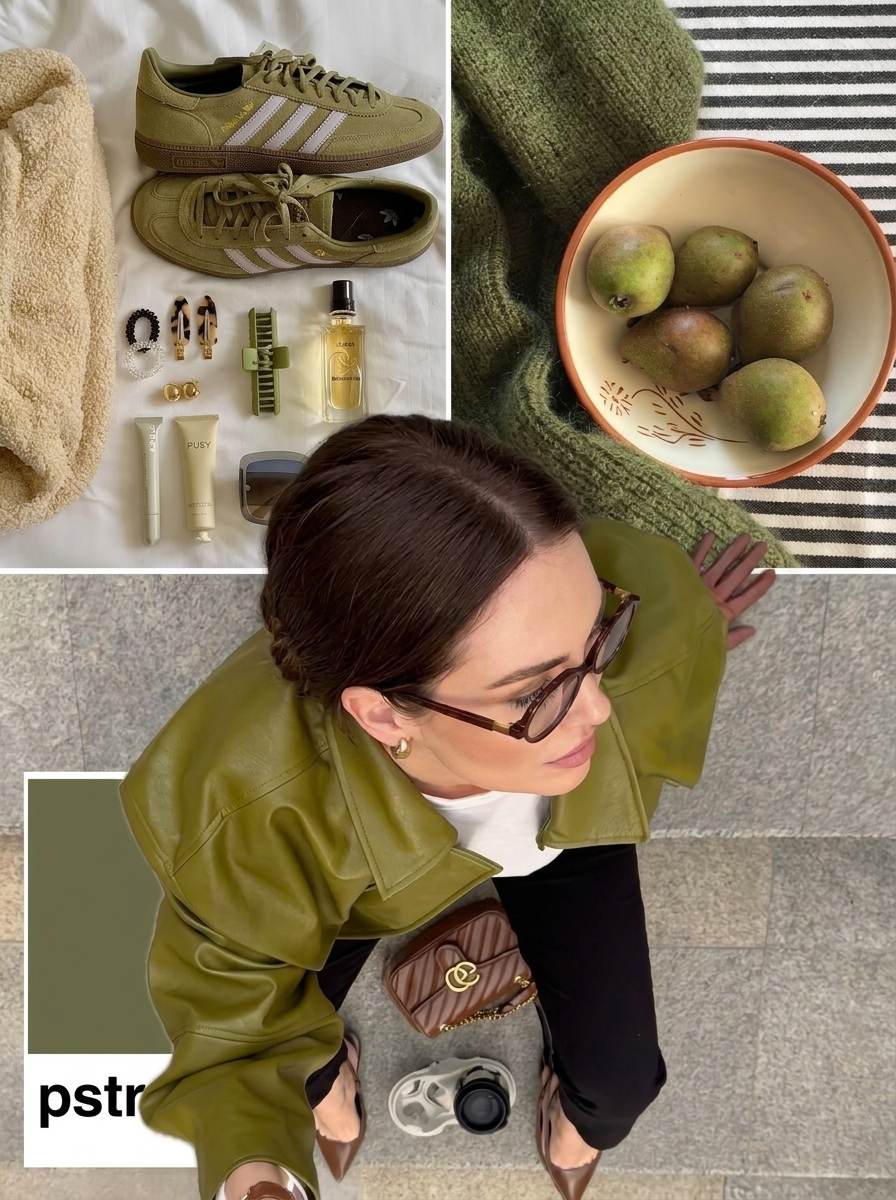 One-color carousel slide made in PSTR: a olive outfit collage with a matching PSTR color card