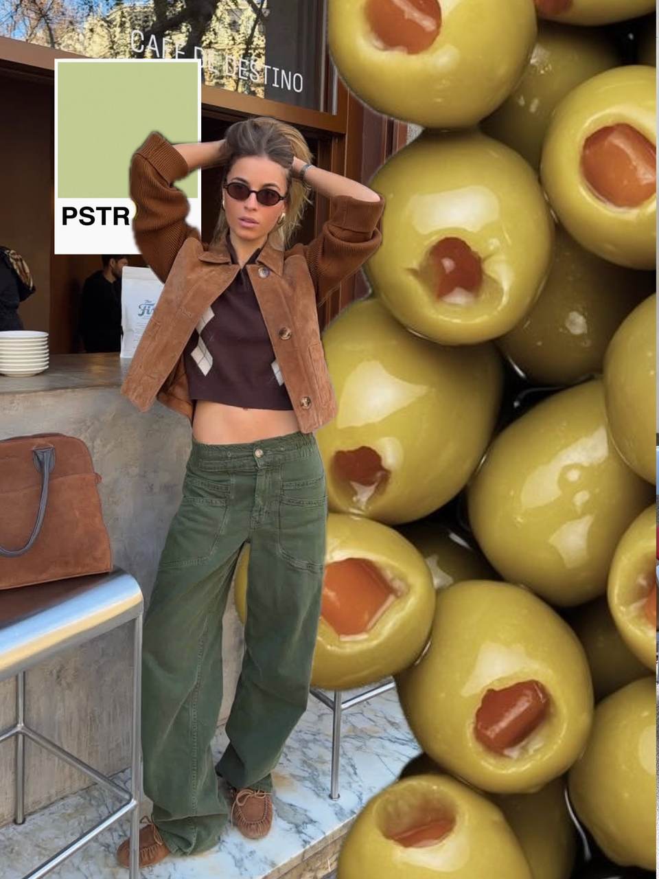 Instagram carousel slide made in PSTR: a green outfit beside a wall of olives with a matching green color card