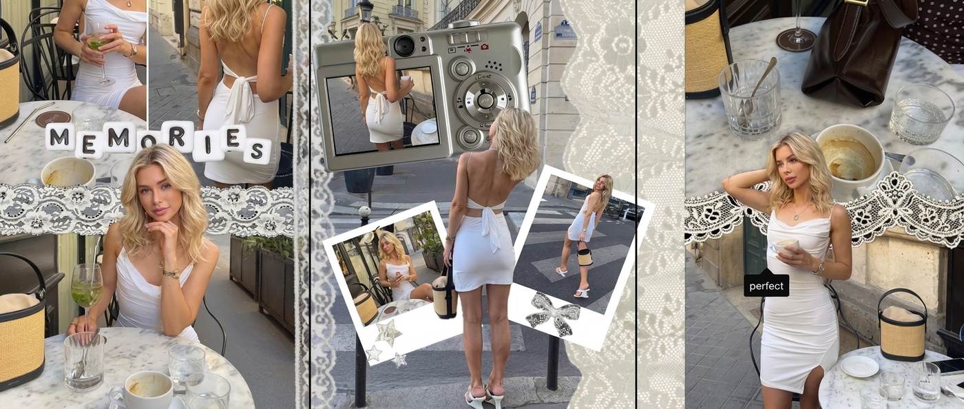 Seamless carousel made in PSTR: white outfits and lace connecting three slides into one panorama