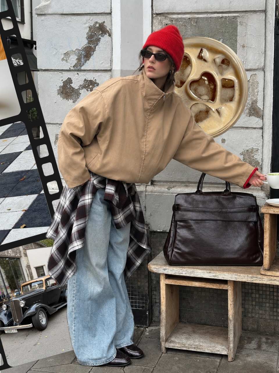 October dump cover made in PSTR: red beanie, beige jacket and a film-strip frame