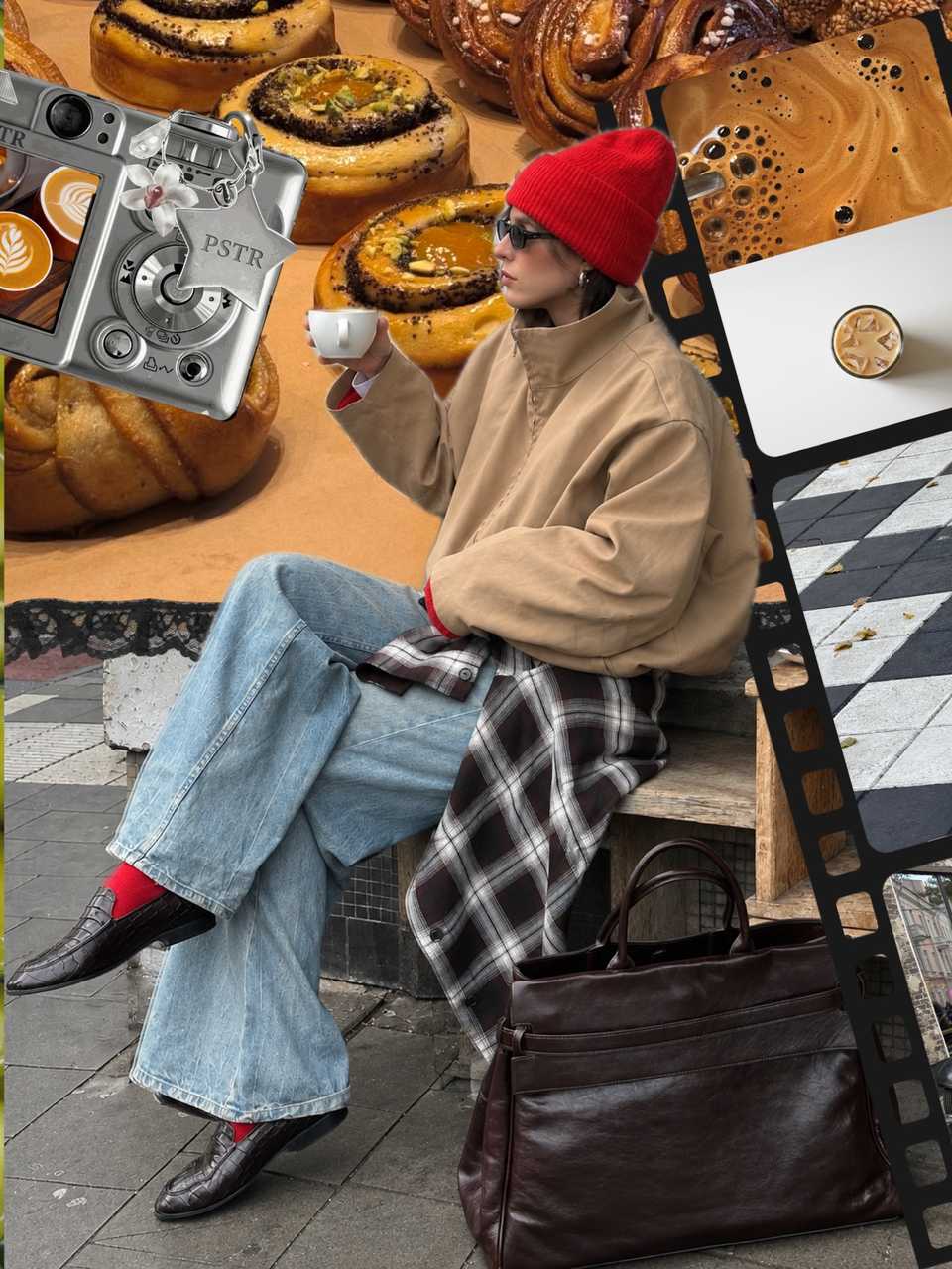 Second slide: the same outfit at a bakery table with cinnamon buns and a digicam frame