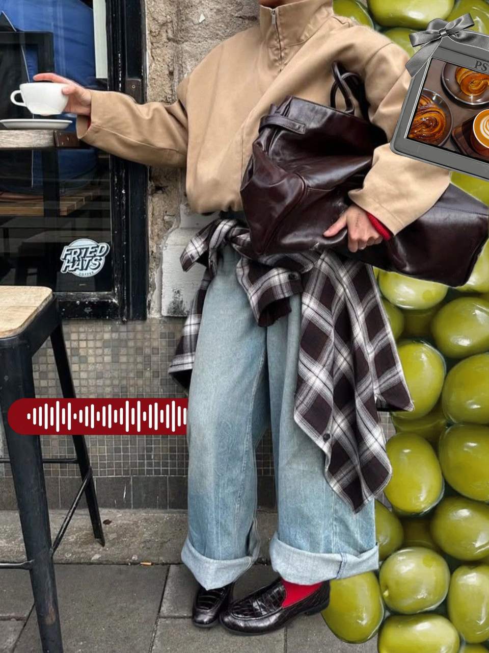 Third slide: coffee in hand next to a wall of green olives and a sound-wave sticker
