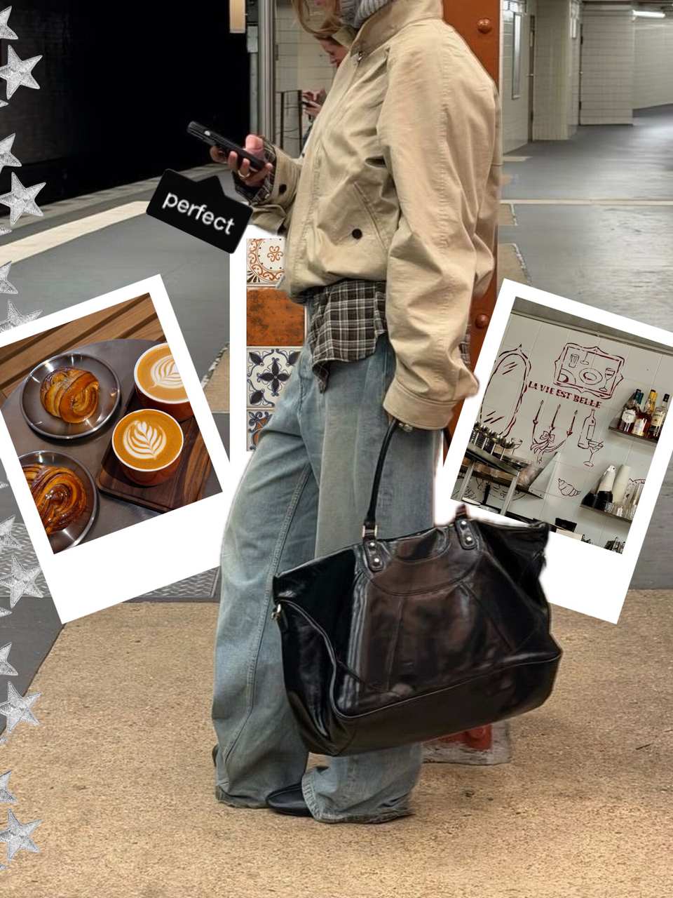 City-trip dump slide made in PSTR: beige jacket outfit with coffee polaroids and a perfect sticker