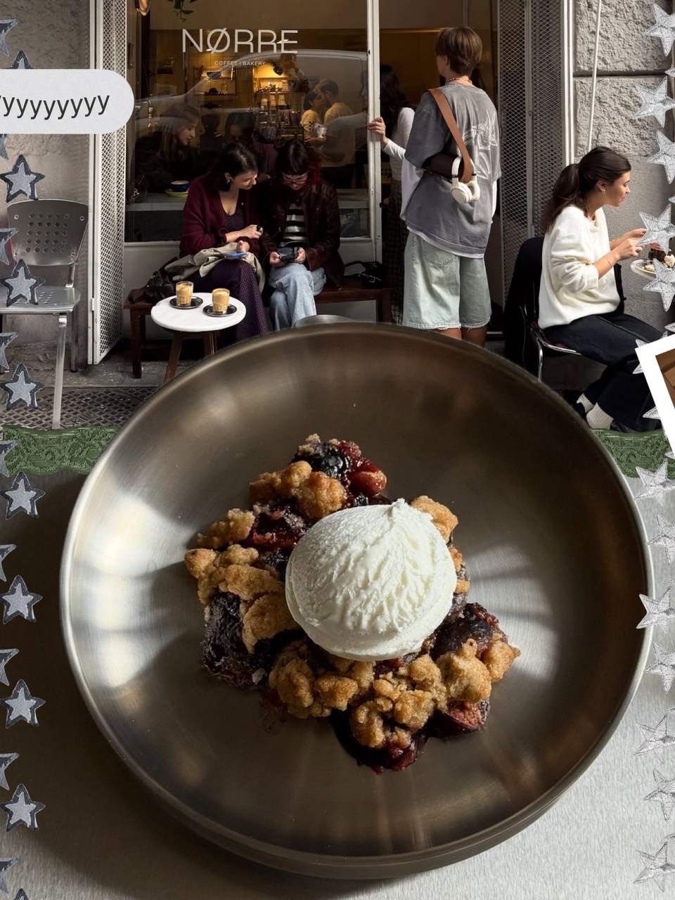 Second slide: a pastry plate outside a Copenhagen-style cafe with a chat-bubble sticker