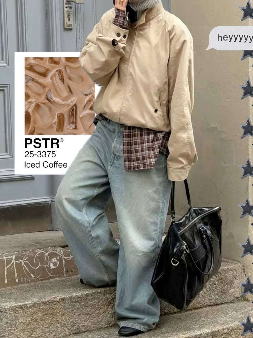 Third slide: the same beige jacket with an iced-coffee color card and a hey sticker