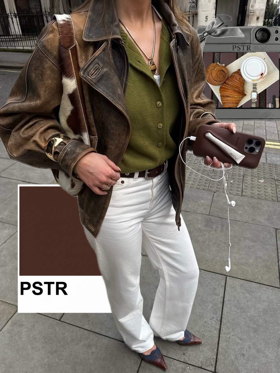 Photo dump slide made in PSTR: cow-print jacket outfit with a brown PSTR color card and a digicam frame