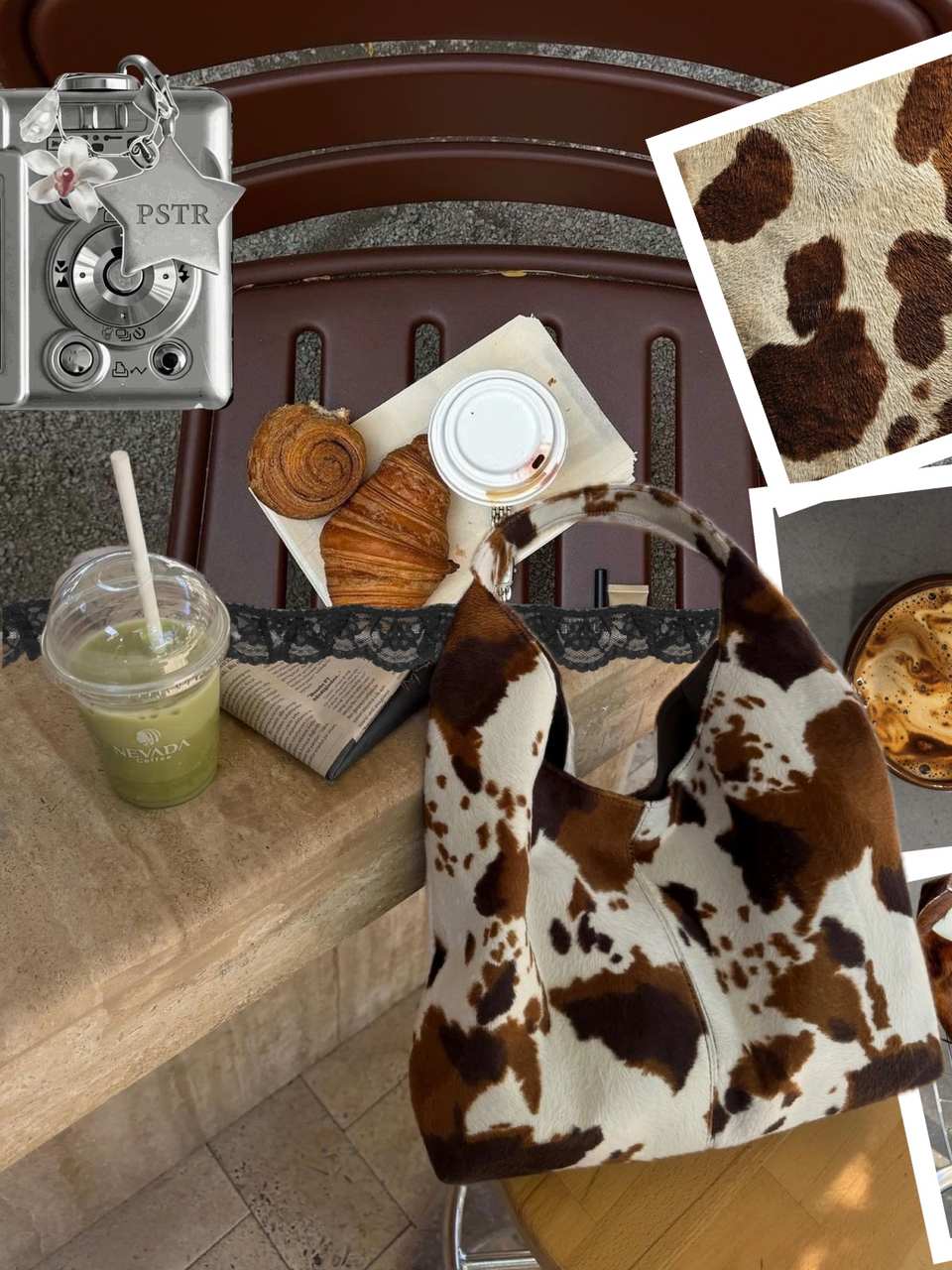 Second slide: croissants, matcha and a cow-print bag with polaroid frames