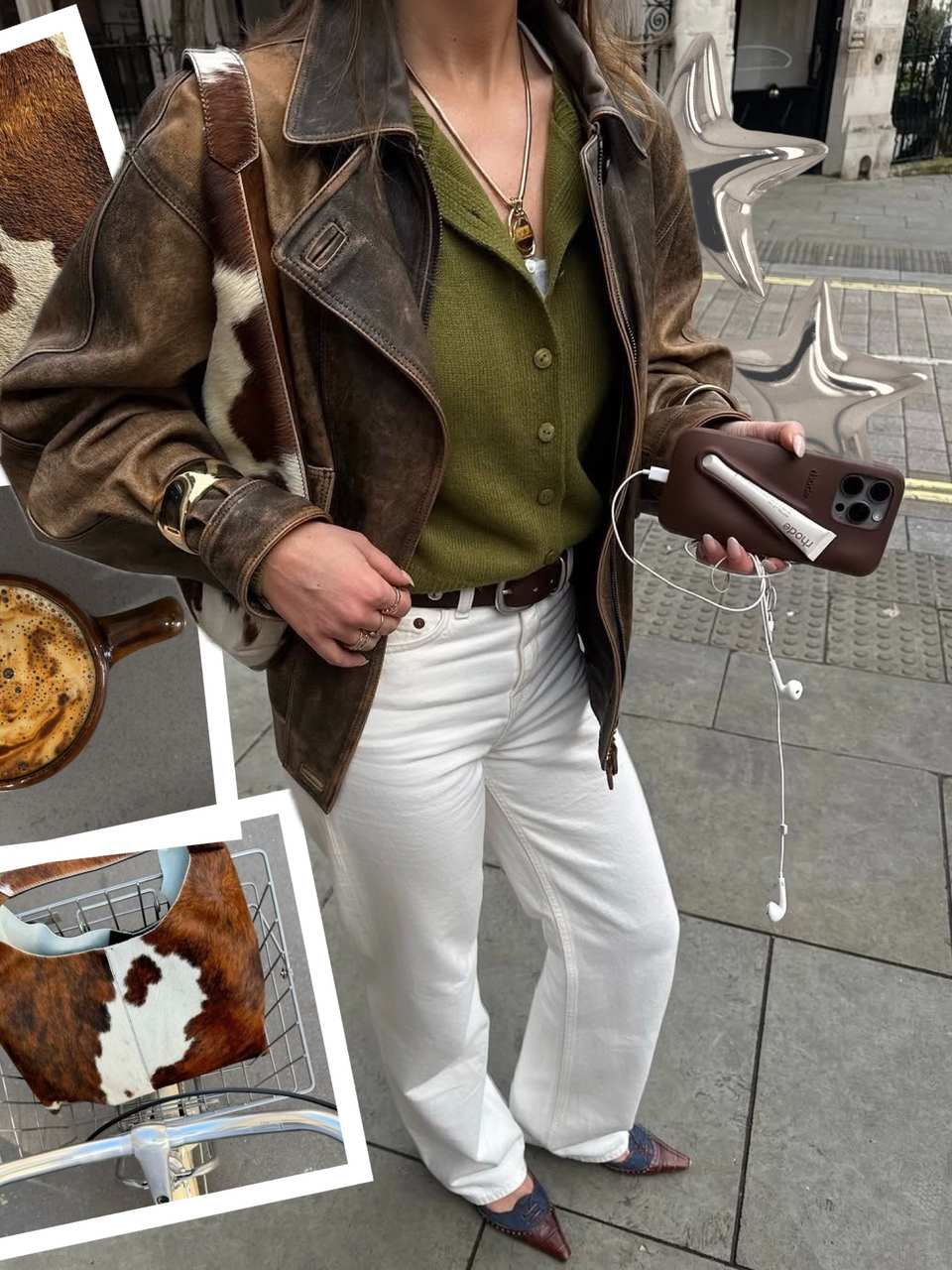 Third slide: the cow-print jacket outfit with a pastry sticker and lace trim