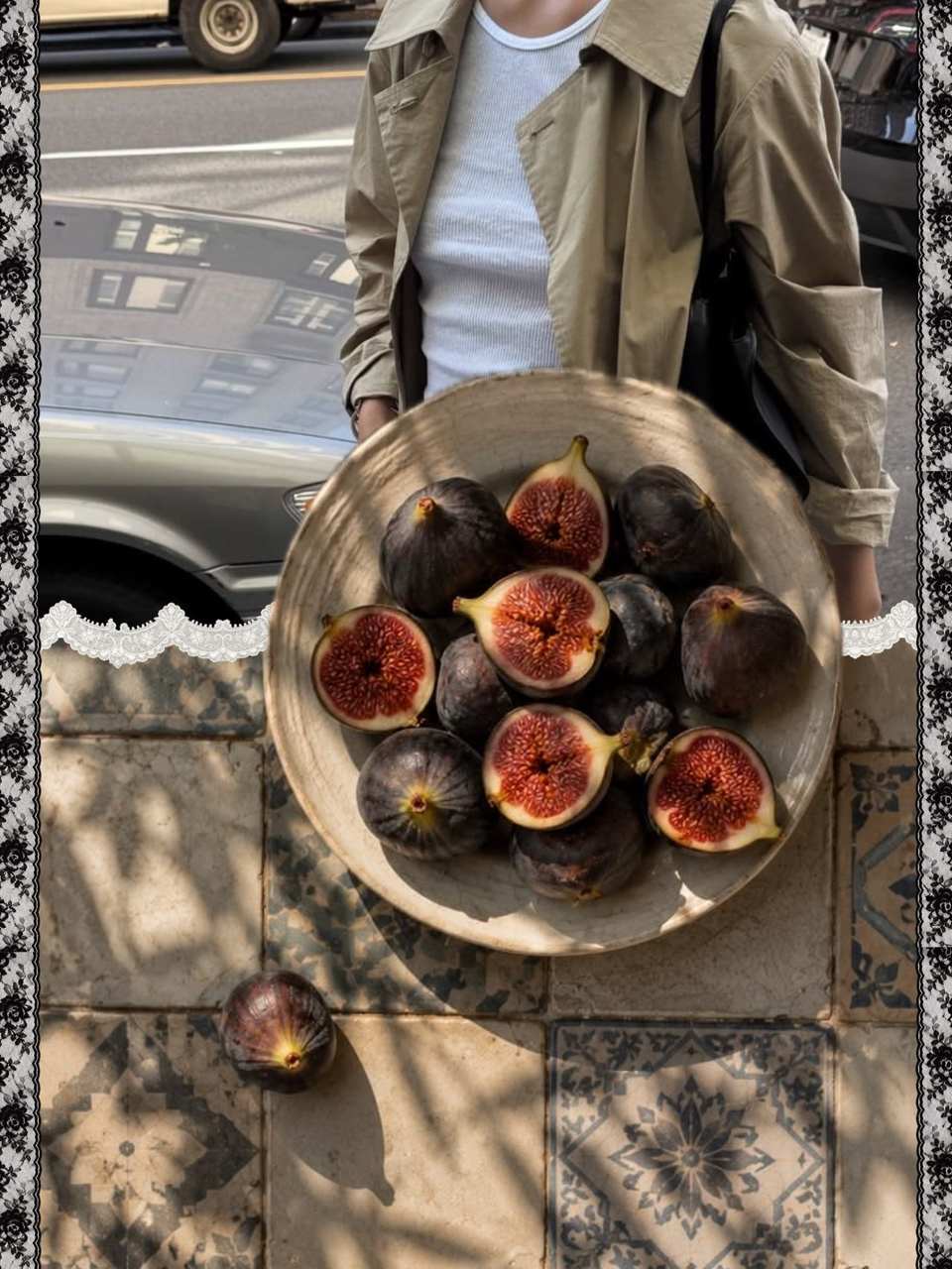 Second slide: a bowl of figs on patterned tiles with a lace edge