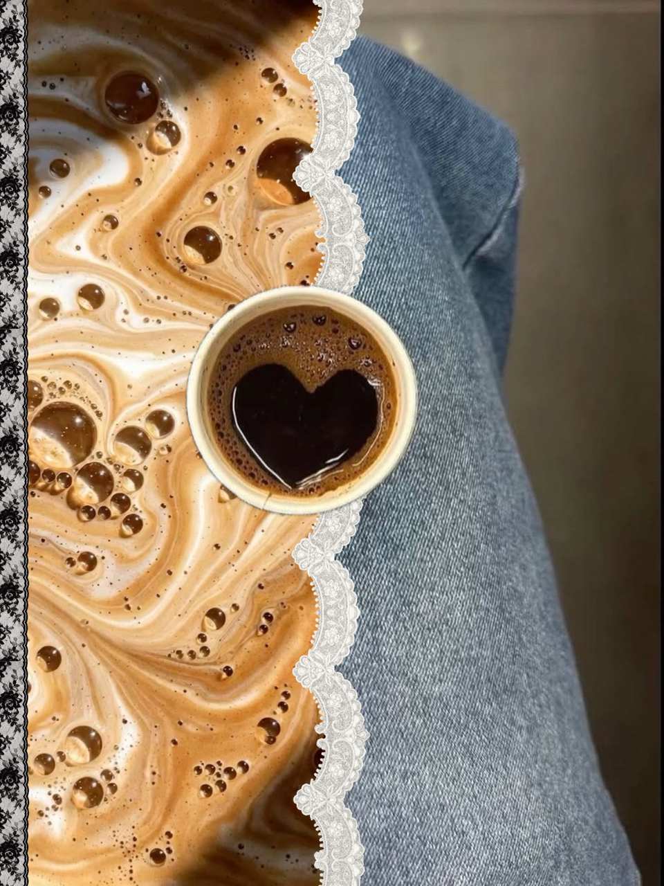 Third slide: a heart in black coffee over swirled latte foam with a lace edge