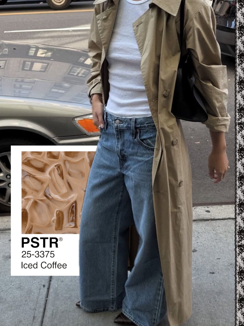 November dump cover made in PSTR: a trench coat and jeans outfit with an Iced Coffee colour card and a film-strip edge