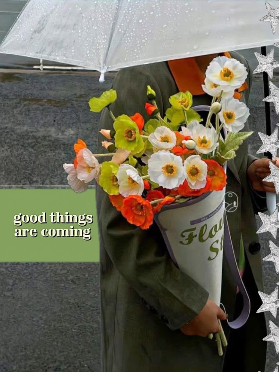 Photo dump slide made in PSTR: a bunch of poppies under a clear umbrella with a green label reading good things are coming