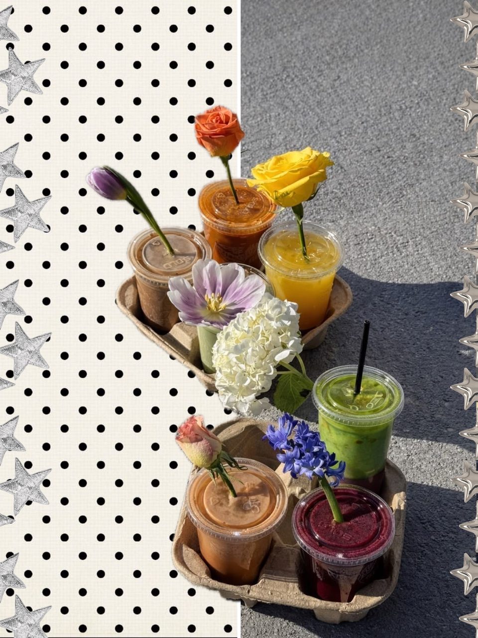 Second slide: a tray of fresh juices and single flowers on a polka-dot background with silver star stickers