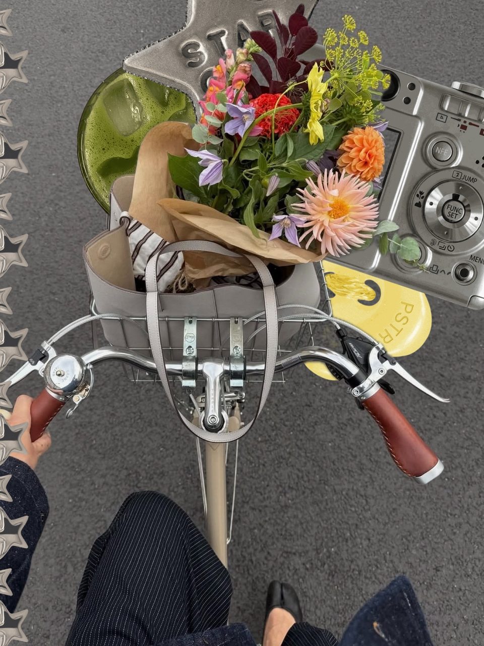 Third slide: a bike basket full of flowers and a matcha, with a digicam sticker and silver stars