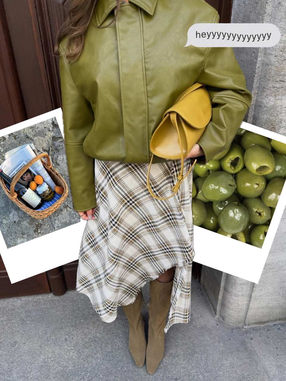 Carousel slide made in PSTR: olive leather jacket and plaid skirt with polaroid frames and a hey sticker