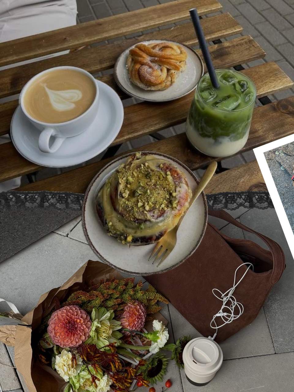 Second slide: latte, matcha and a pastry on a wooden cafe table