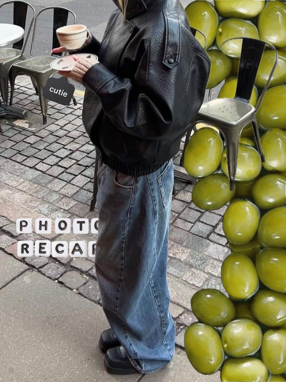 Photo recap title slide made in PSTR: letter tiles over a black leather jacket outfit and a wall of green olives