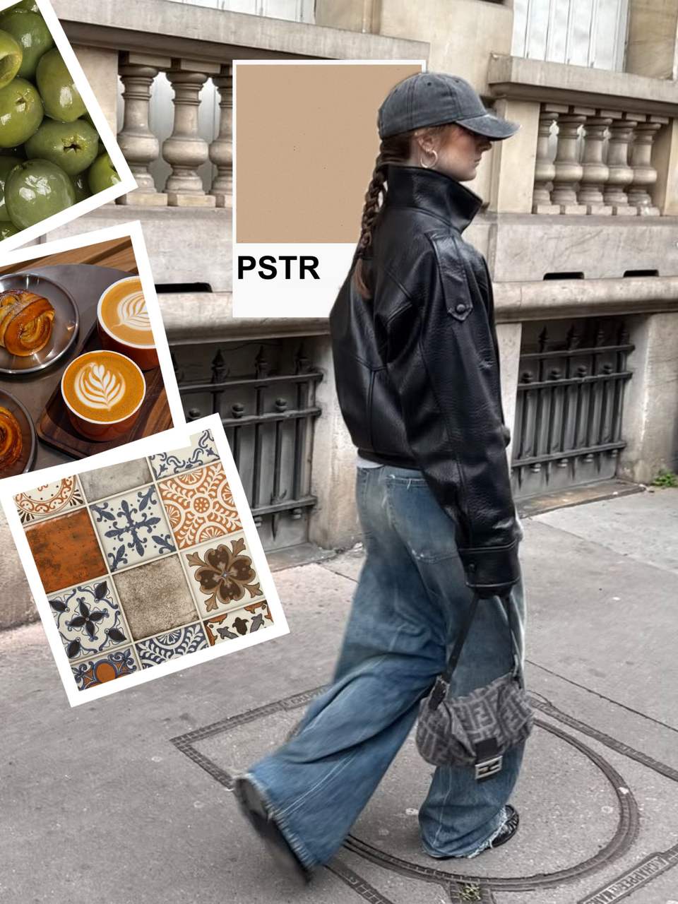 Second slide: the same black jacket outfit framed with a coffee polaroid and a tile sticker
