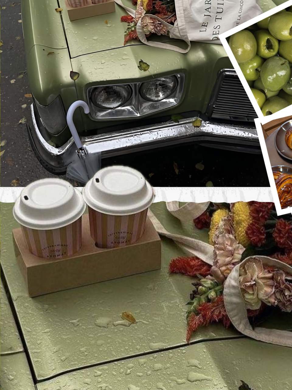 Third slide: two takeaway coffees on a car bonnet with autumn flowers and olives