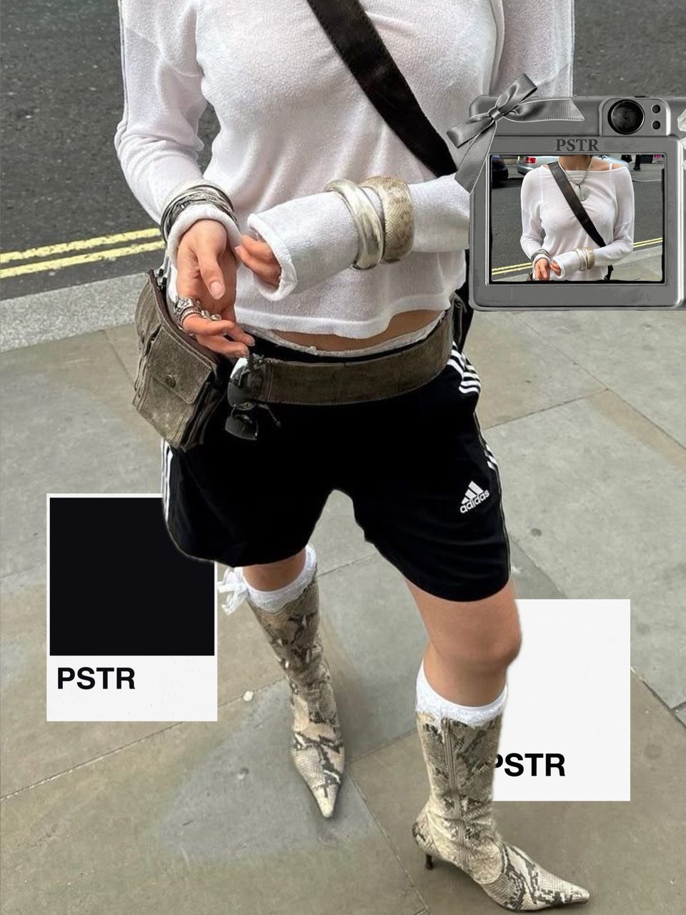 Outfit carousel slide made in PSTR: a white long-sleeve, black shorts and snake-print boots inside a digicam frame with a black PSTR colour card