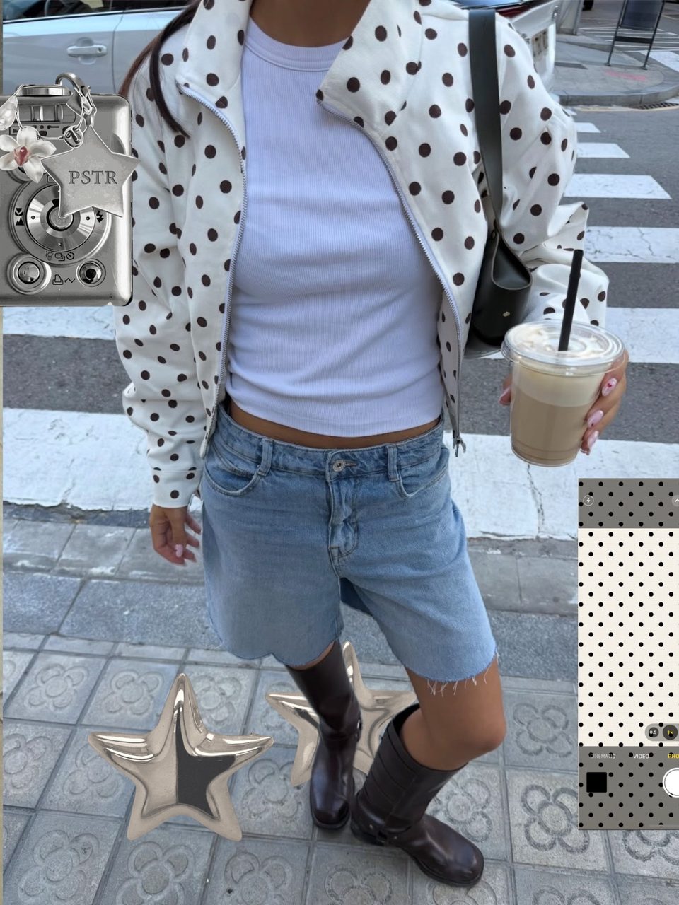 Second slide: a polka-dot jacket, denim skirt and an iced coffee with a silver star sticker and a polka-dot swatch