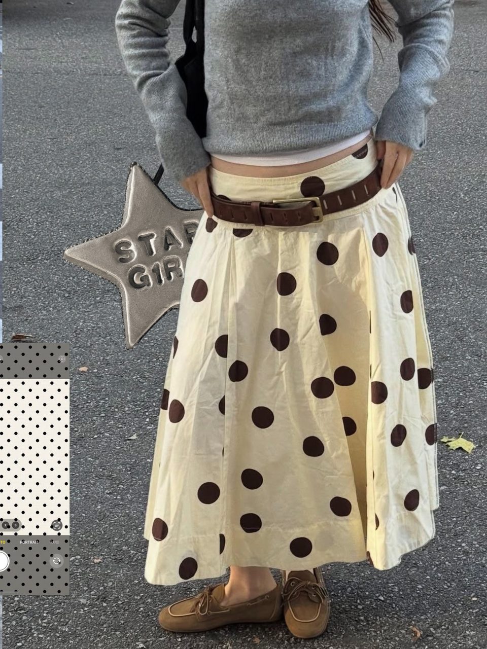 Third slide: a cream polka-dot skirt and grey sweater with a star girl sticker