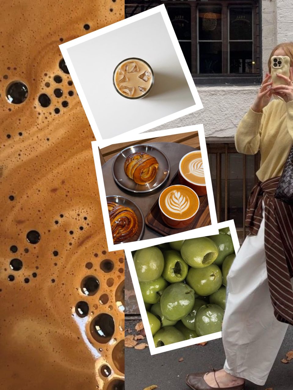 Aesthetic photo dump slide made in PSTR: polaroids of iced coffee, latte art and green olives over a latte-foam background