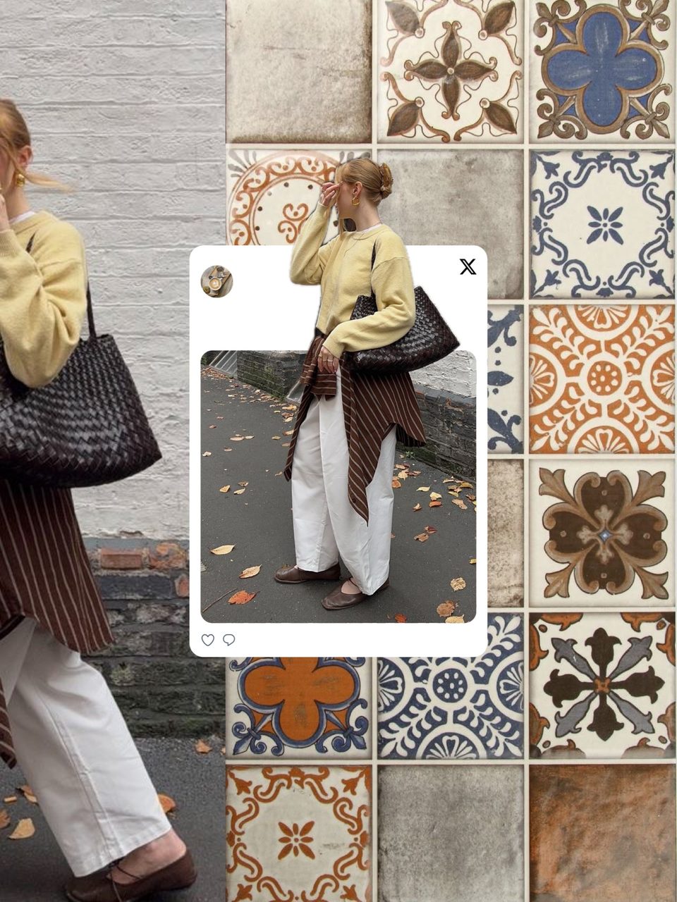 Second slide: a mirror selfie in a butter-yellow sweater with a striped shirt tied at the waist, on patterned tiles with a pin card