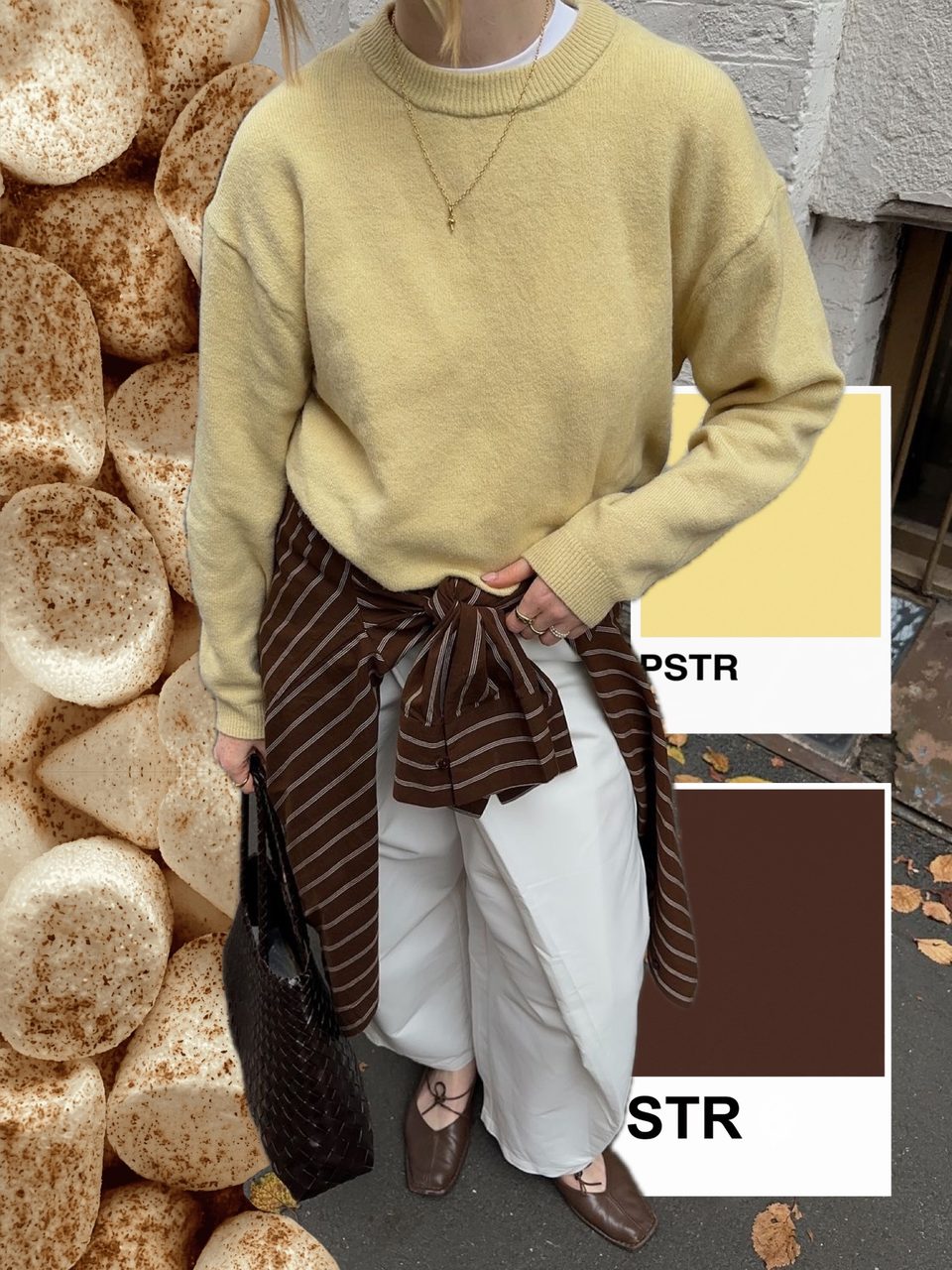Third slide: the yellow sweater outfit over a meringue background with yellow and brown colour cards