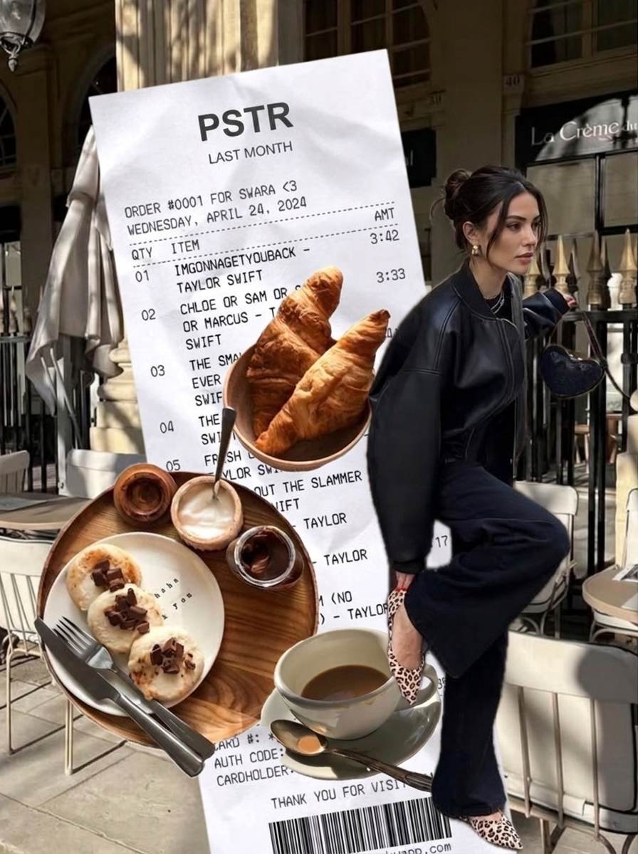 Collage made in PSTR: a receipt-style list of songs layered over cafe photos