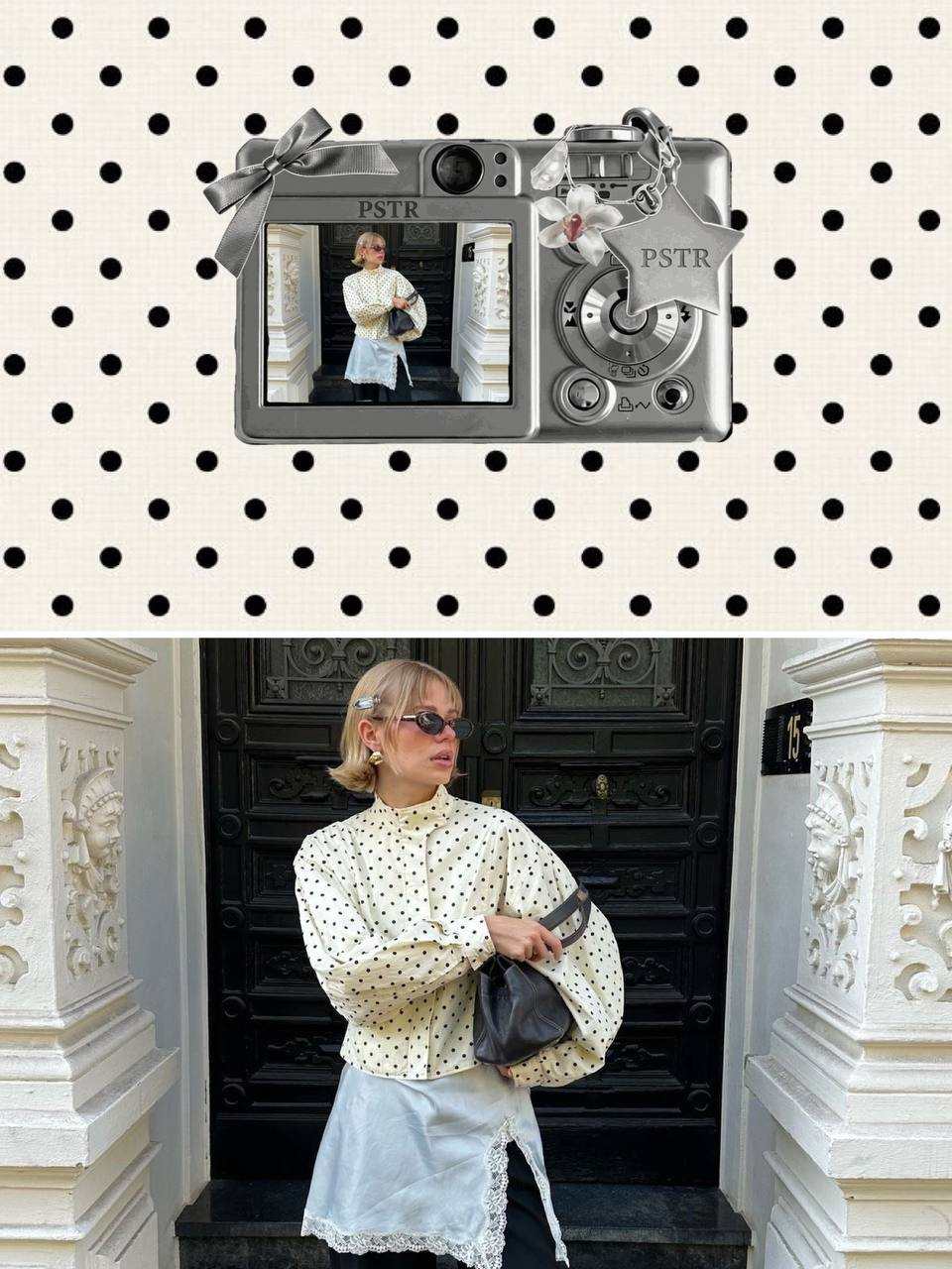 Aesthetic photo dump slide made in PSTR: an outfit photo inside a digital-camera frame on a polka-dot background