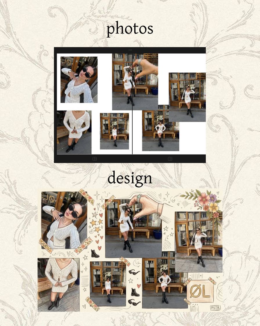 Before and after in PSTR: a plain grid of photos turned into a trendy Pinterest-style scrapbook collage by AI